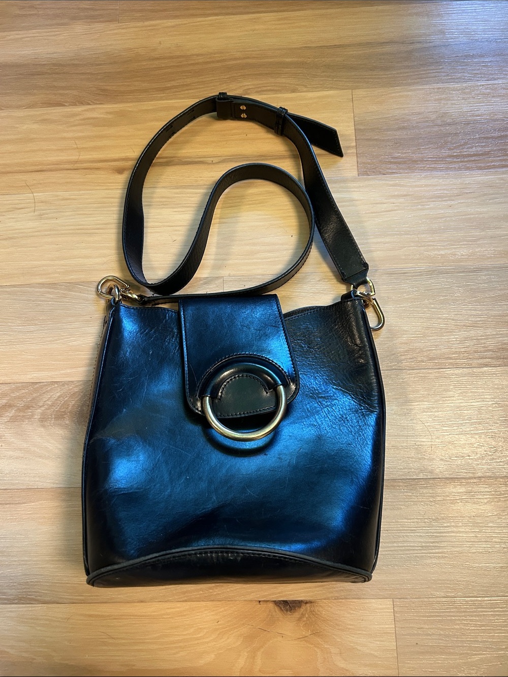 Classic Black Leather Crossbody Bag with Gold Ring Accent Banana Republic